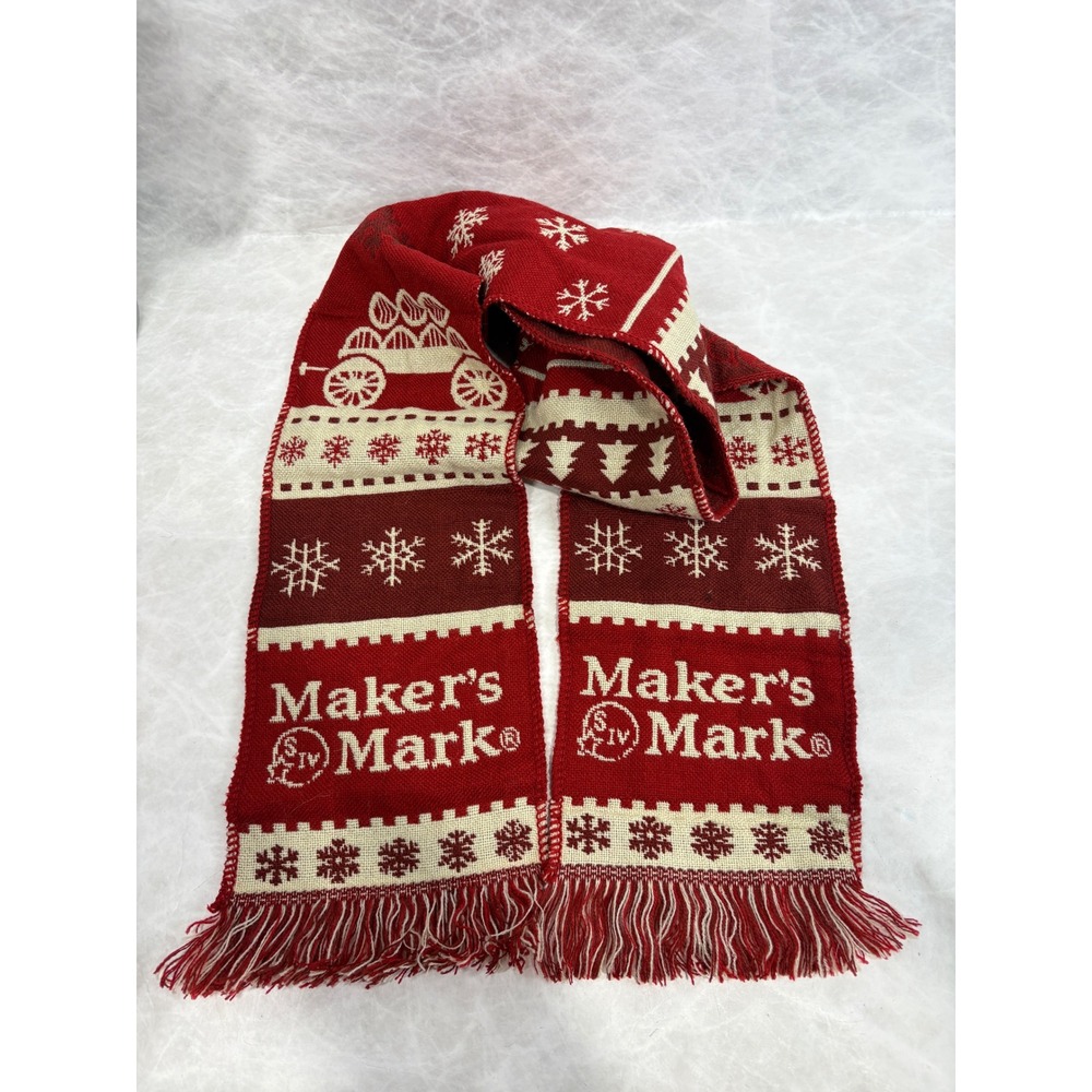 Makers Mark Bourbon Red Cream Snowflake‎ Knit Holiday Scarf Fringe Trim Mens